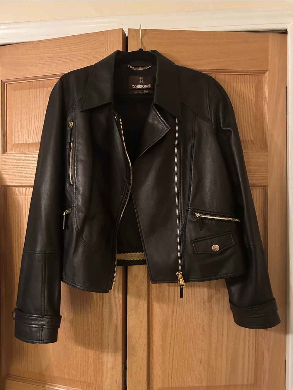 Authentic Roberto Cavalli Black Leather Asymmetric  Moto Jacket  Gold Hardware
